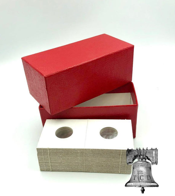 50 - 2x2 Coin Holder Flip Mylar Cardboard + RED Storage Box Case 4.5x2x2