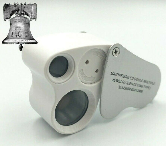Double Magnifier Hand Lens Eye Loupe LED Stamp Comic Banknote 30X 22mm & 60X 12