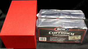 Currency Storage RED Box + 50 BCW Rigid Regular Modern Size Toploaders Holders