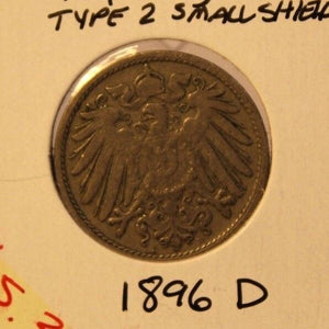 1896 D 10 pfennig Germany Coin with Type 2 Small Shield and Holder Thecoindigger