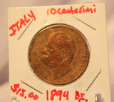 1894 Italy 10 Centesimi Coin with display Holder thecoindigger World Estates