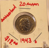 1943 Switzerland 20 Rappen Coin with Holder Display thecoindigger World Estate - The Coin Digger