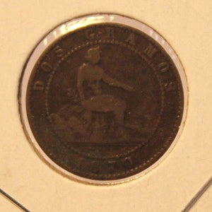 1870 Spain 2 Centimos Coin with Display Holder thecoindigger World Estate