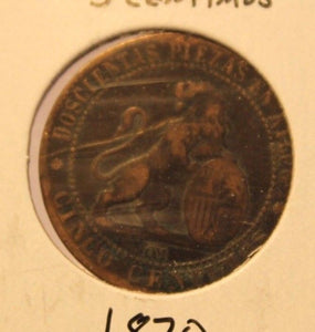 1870 Spain 5 Centimos Copper Coin with Holder thecoindigger World Estate