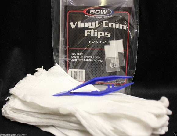 BCW Vinyl Flips, 12 Pair LARGE Cotton Inspection Gloves& Tweezer Kit for Coin or Stamps