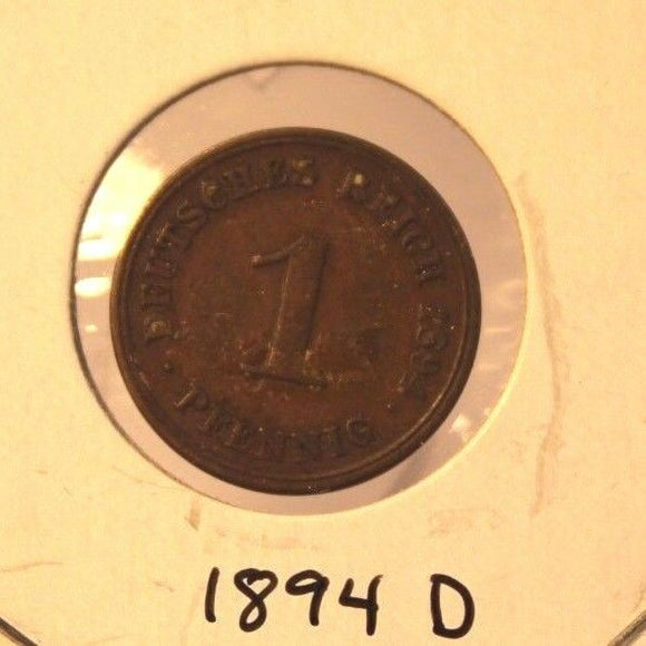1894 D Germany 1 Pfennig Bronze Coin with Holder Thecoindigger World Coins