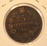 1862 N Italy 5 Centesimi Coin with Display Holder thecoindigger World Estates