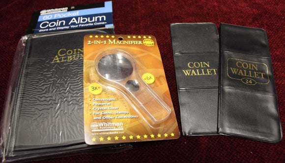 WHITMAN 60, 24 & 12 Pocket Coin Albums for 2x2 Holders Storage + 6x Magnifier 2 in 1 - The Coin Digger