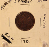 1881 Austria 1 Kreuzer Coin with Display Holder Thecoindigger World Coin Estates