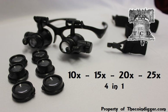 25x Magnifier LED Binocular Dual Magnifying Glasses 4 in 1 Stamp Currency Lens