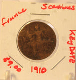 1910 France 5 Centimes Coin with Display Holder Thecoindigger World Coins Estate
