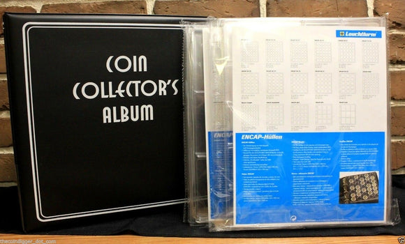Coin Collector 3 Ring Binder Album & 2 Encap 2x2 Snap Capsule 20 Pocket Page