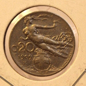 1909 R Italy 20 Centesimi Coin with Holder Display thecoindigger World Estates