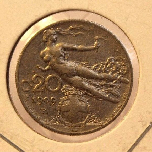 1909 R Italy 20 Centesimi Coin with Holder Display thecoindigger World Estates