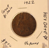 1922 Great Britain 1/2 Penny Coin with Holder Thecoindigger World Coins Estate