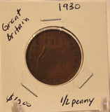 1930 United Kingdom 1/2 Penny Coin and Holder Thecoindigger World Estates