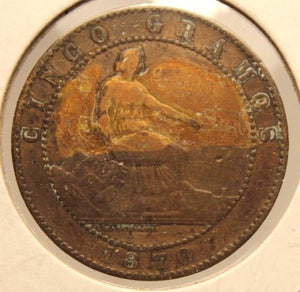 1870 OM Spain 5 Centimes Coin with Holder Display thecoindigger World Estate