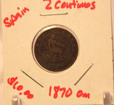 1870 Spain 2 Centimos Coin with Display Holder thecoindigger World Estate