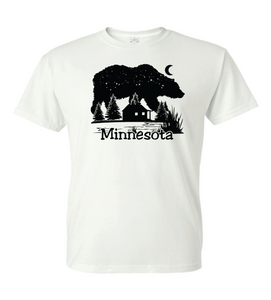 Minnesota Cabin on a Lake with Bear as the night sky T- Shirt