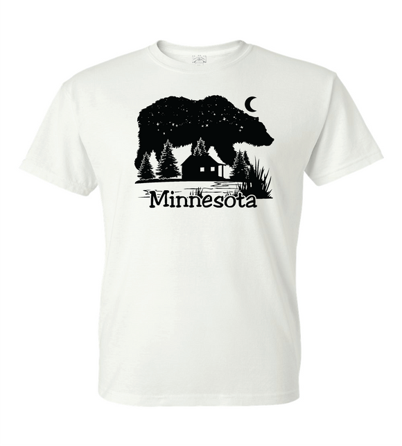 Minnesota Cabin on a Lake with Bear as the night sky T- Shirt