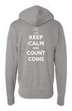 TCD Keep Calm & Count Coins Premium Full Zip Hoodie Heather Grey Logo